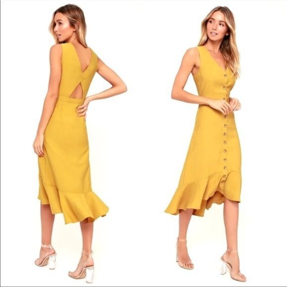Lulus When We First Met Mustard Yellow Button Front Midi Dress - Picture 1 of 6